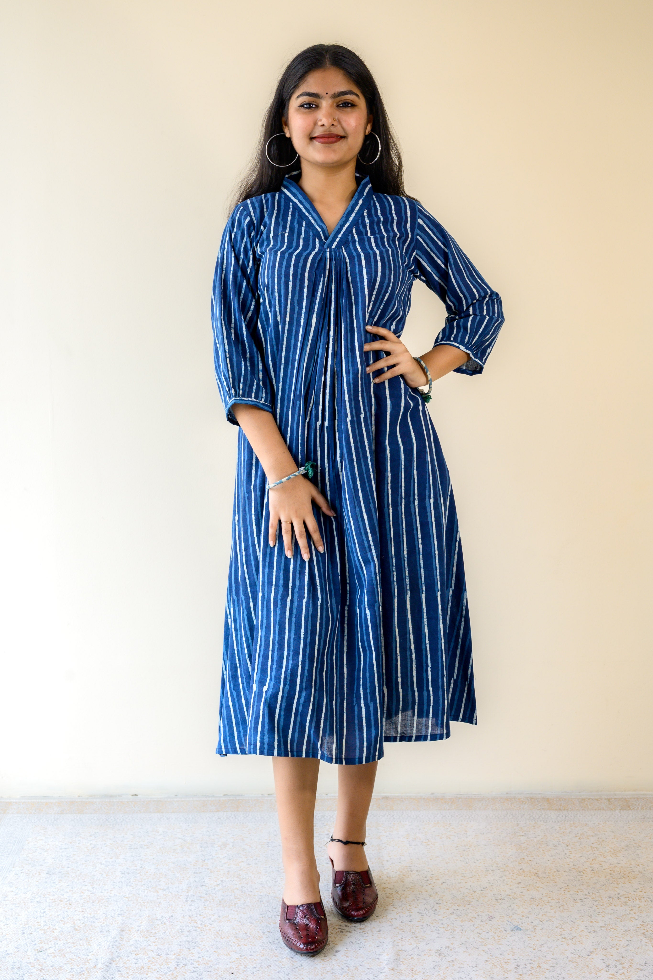 Leher Indigo Dabu Cotton Front Pleated Dress with Pockets- Lobha Deepthis Leher Indigo Dabu Cotton Front Pleated Dress with Pockets- Lobha Deepthis
