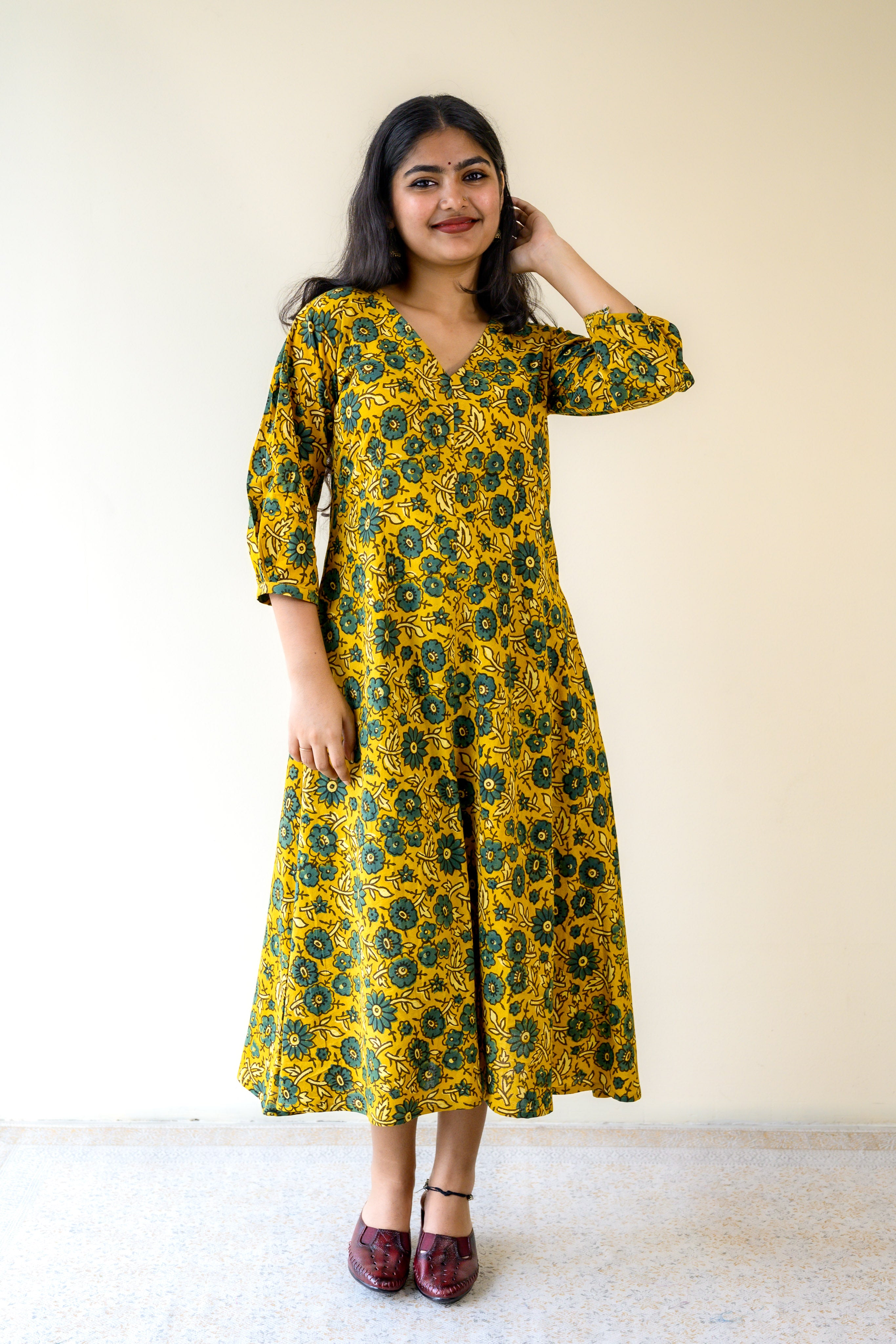 Haldi Blooms Ajrakh Cotton Aline Flared Dress- Lobha Deepthis