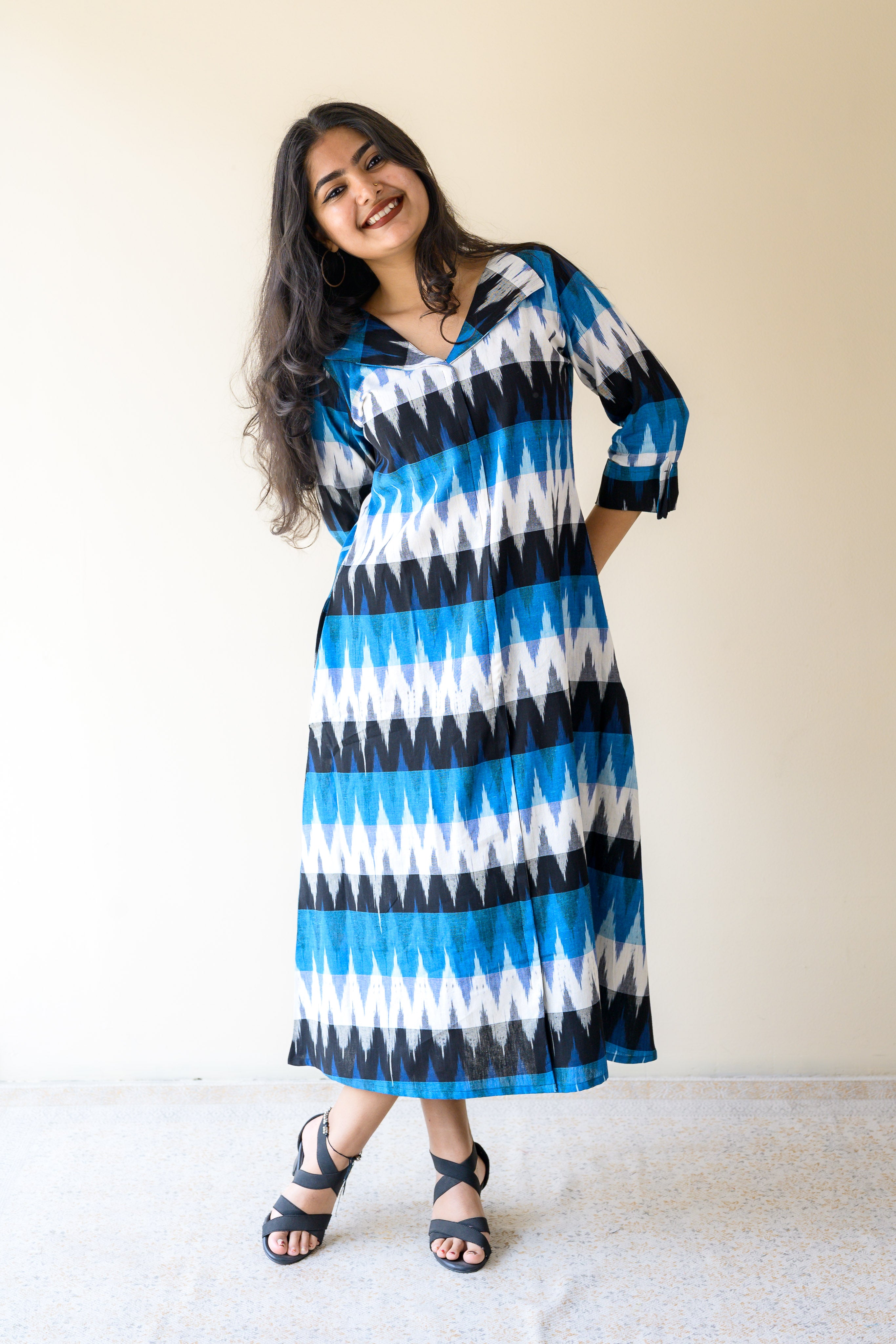 white christmas dresses Dusk & Dreams Ikkat Side Pleated Cotton Dress- Lobha Deepthis