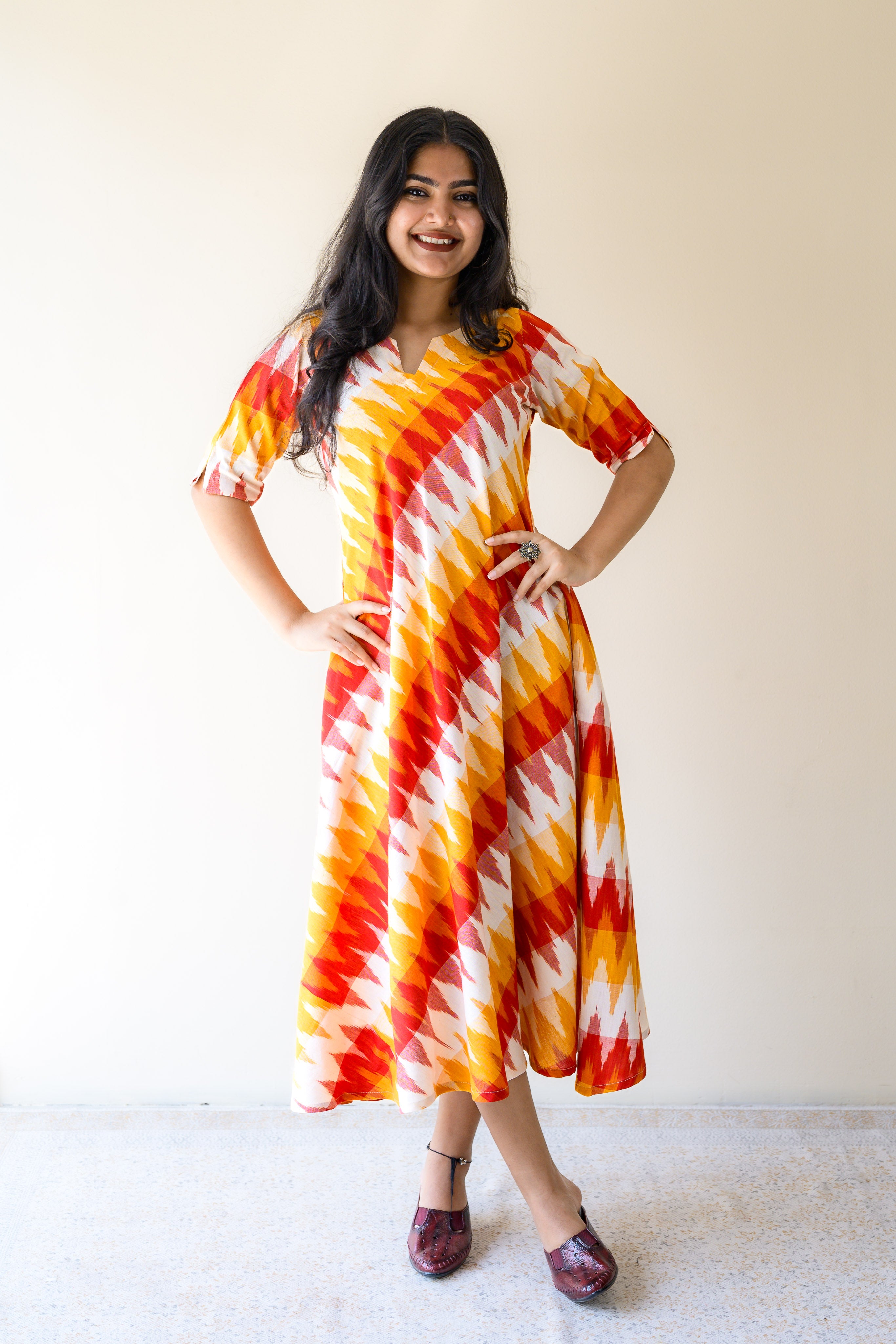 white christmas dresses Saffron & Snow Ikkat Cotton Cross Cut Dress- Lobha Deepthis