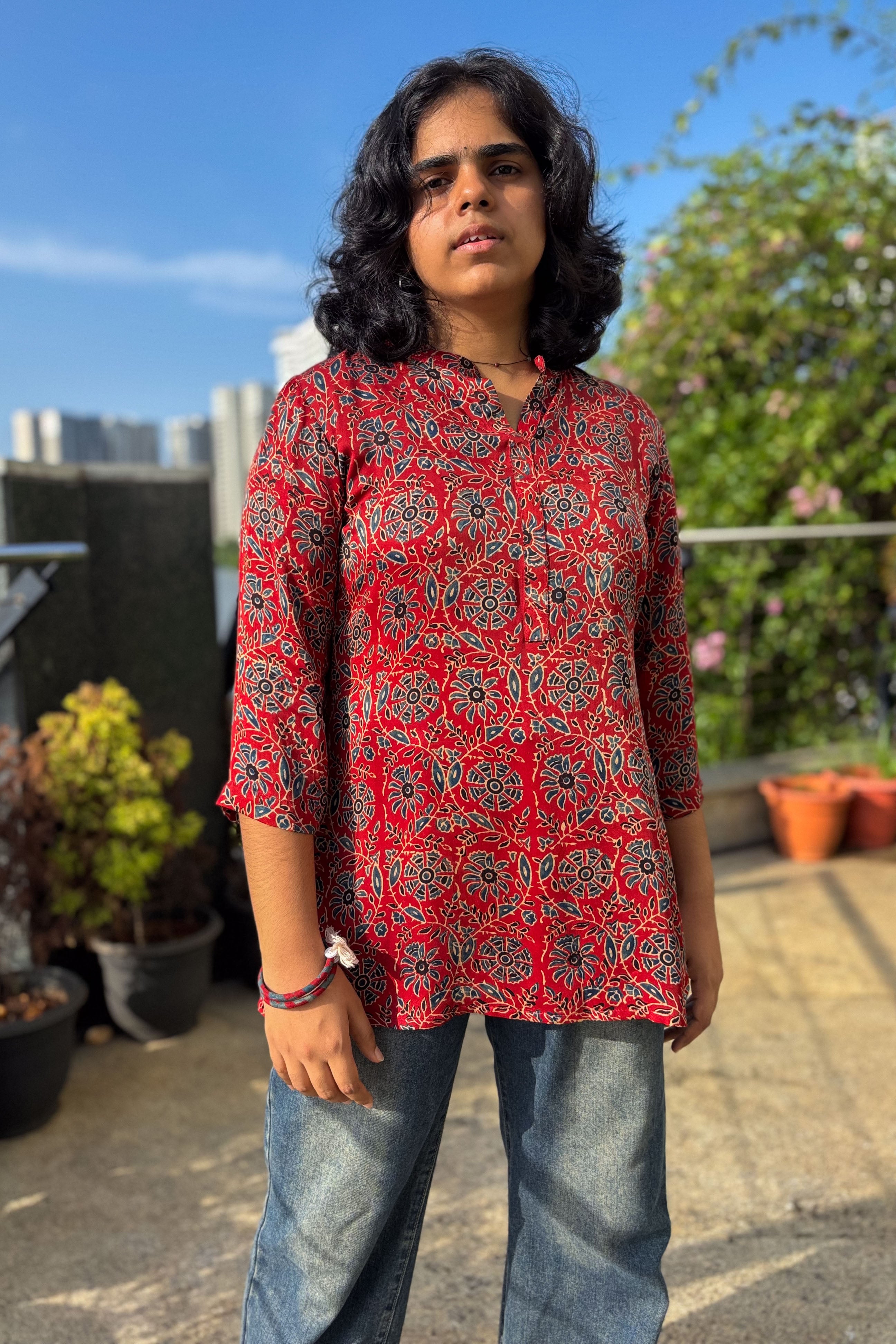 Red Spring Modal Ajrakh Short Top