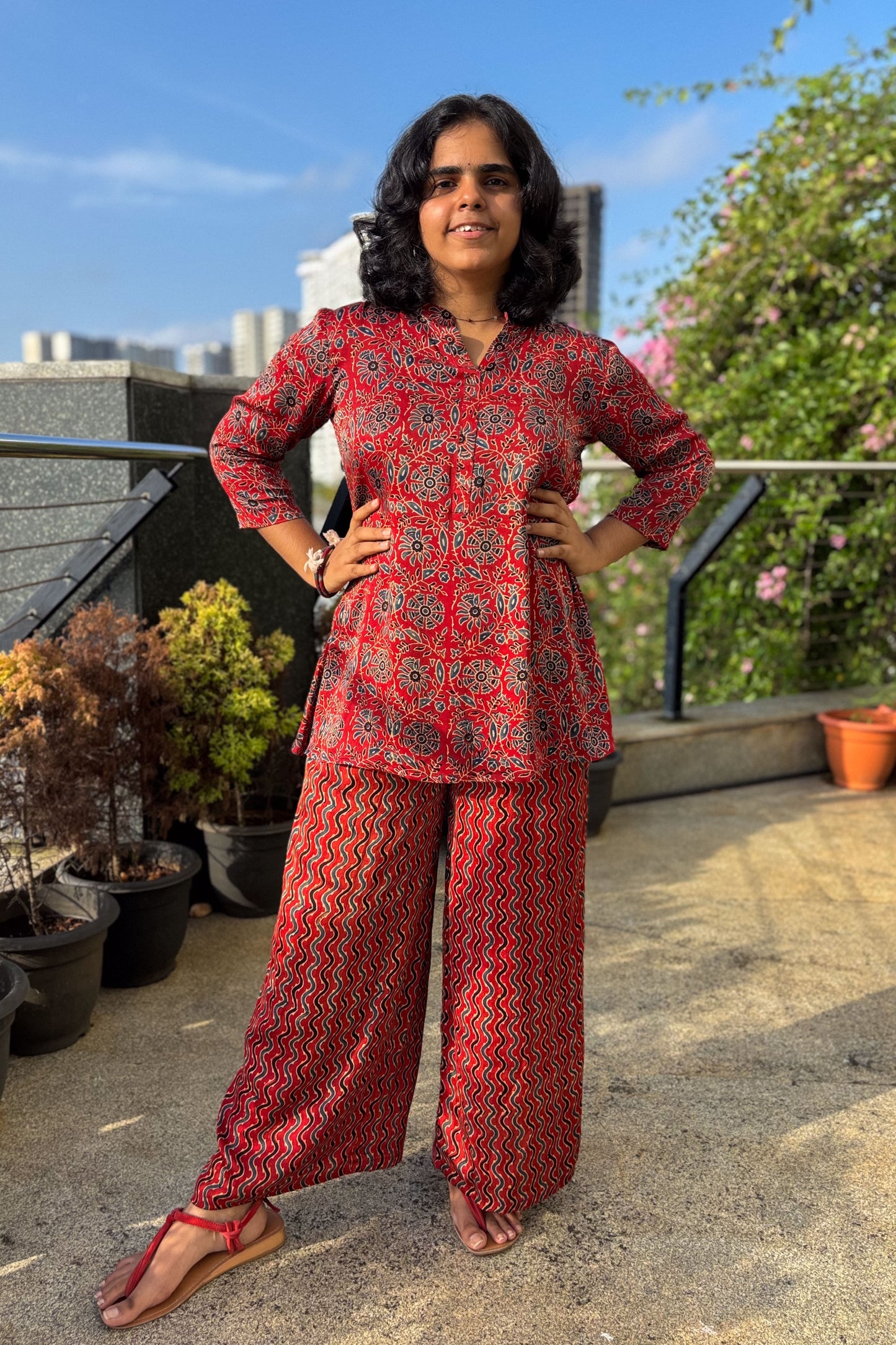 Set of 2- Red Spring Modal Ajrakh Short Top & Parallel Pants