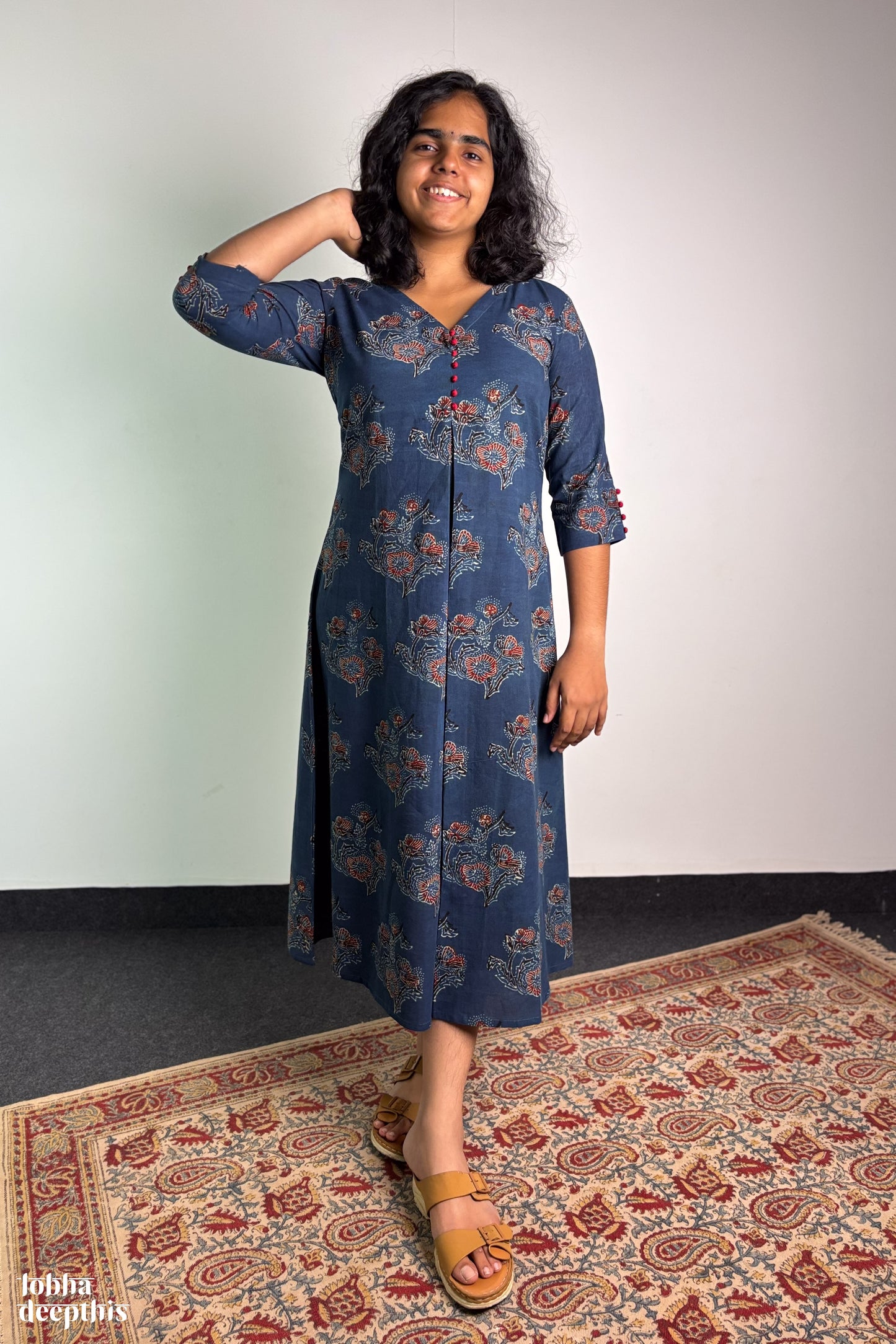 Ajrakh Blooms on Indigo Box Pleated Dress