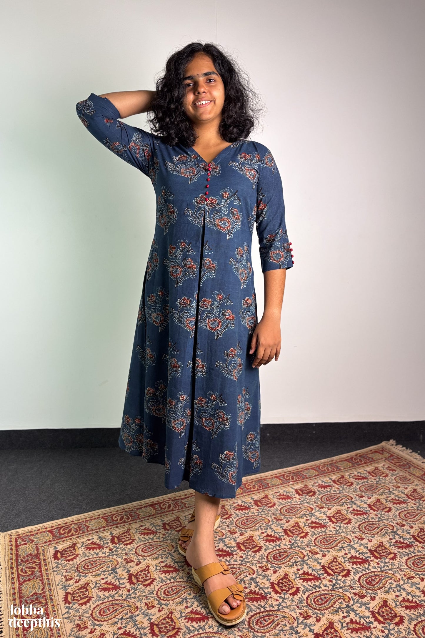 Ajrakh Blooms on Indigo Box Pleated Dress