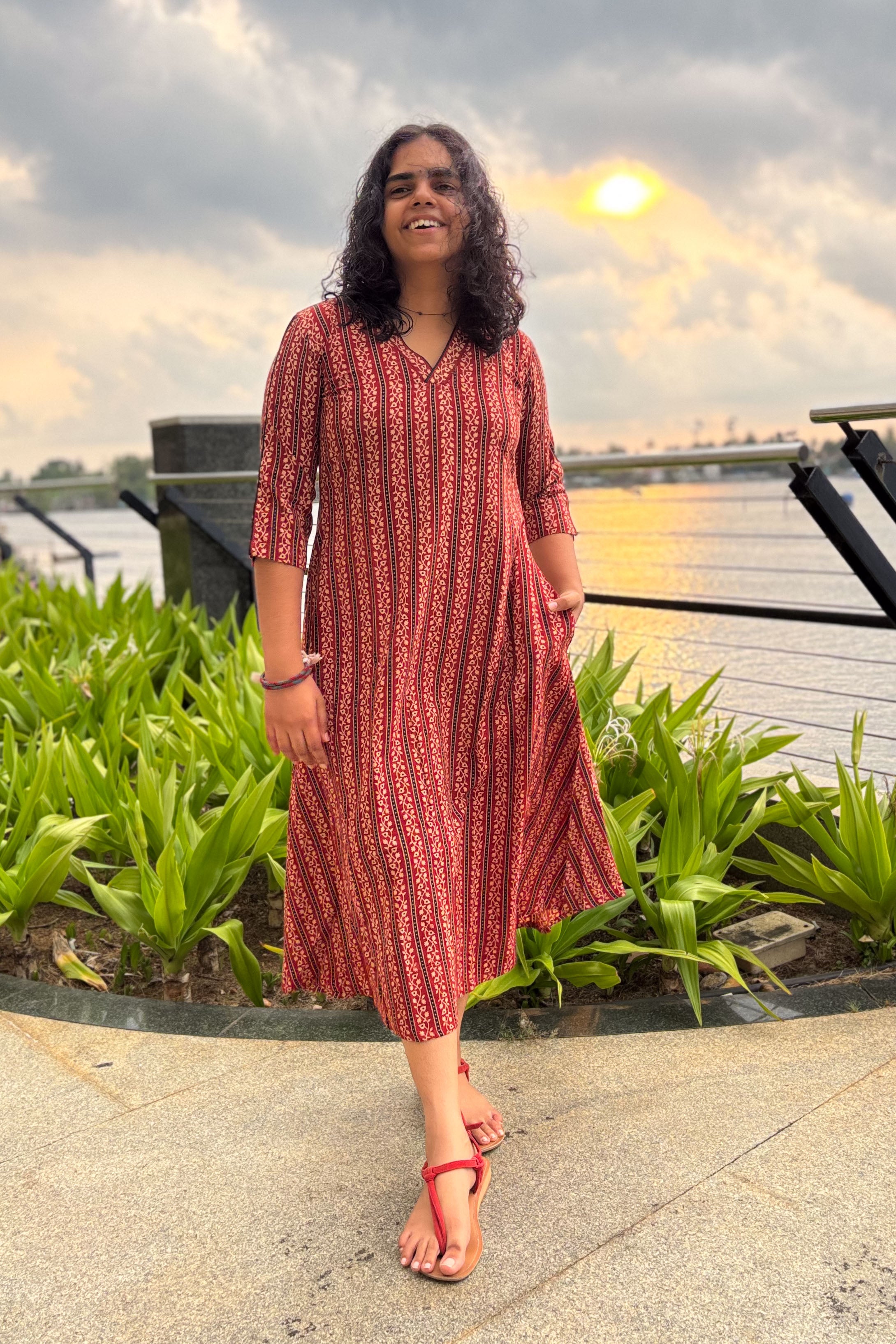 Anuragini Madder Red Aline Naturally Dyed Pure Cotton Dress- Lobha Deepthis