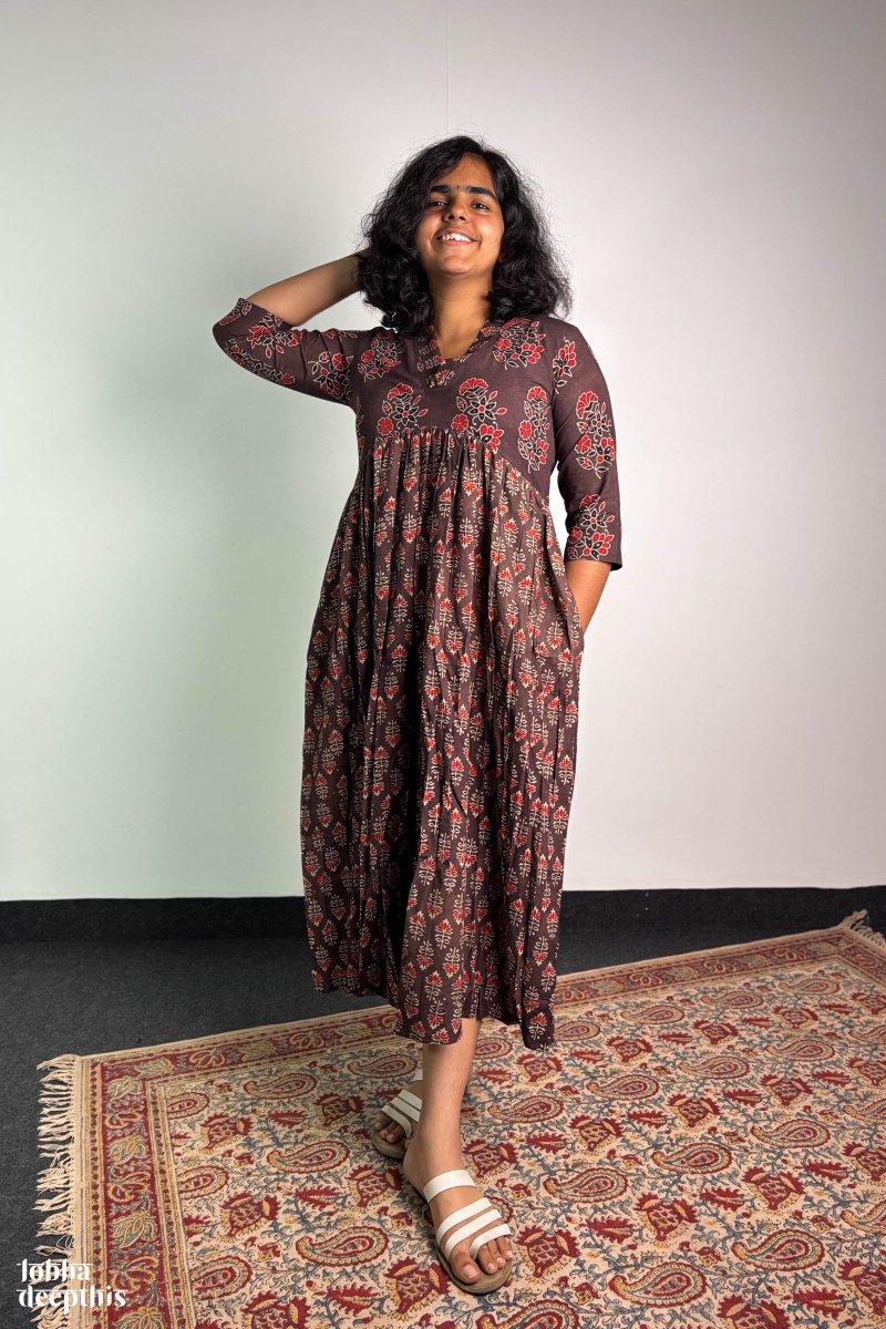 Ajrakh Blooms Chocolate Alia Cut Dress - Lobha Deepthis
