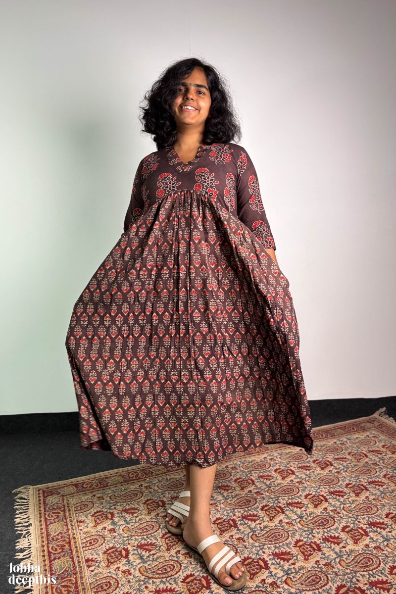 Ajrakh Blooms Chocolate Alia Cut Dress - Lobha Deepthis