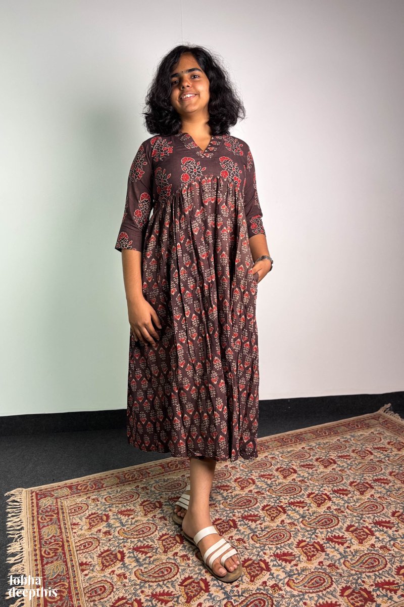 Ajrakh Blooms Chocolate Alia Cut Dress - Lobha Deepthis