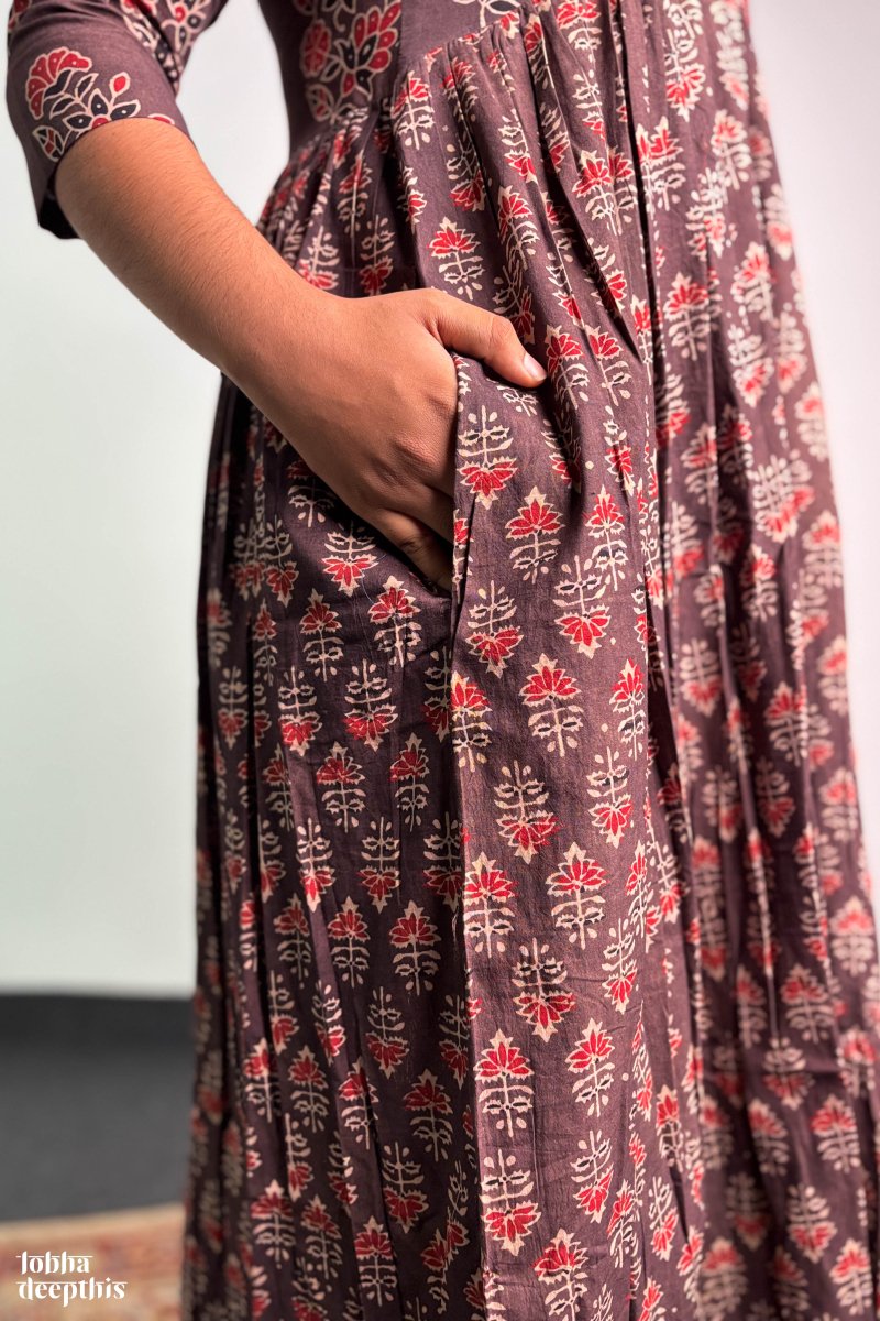 Ajrakh Blooms Chocolate Alia Cut Dress - Lobha Deepthis