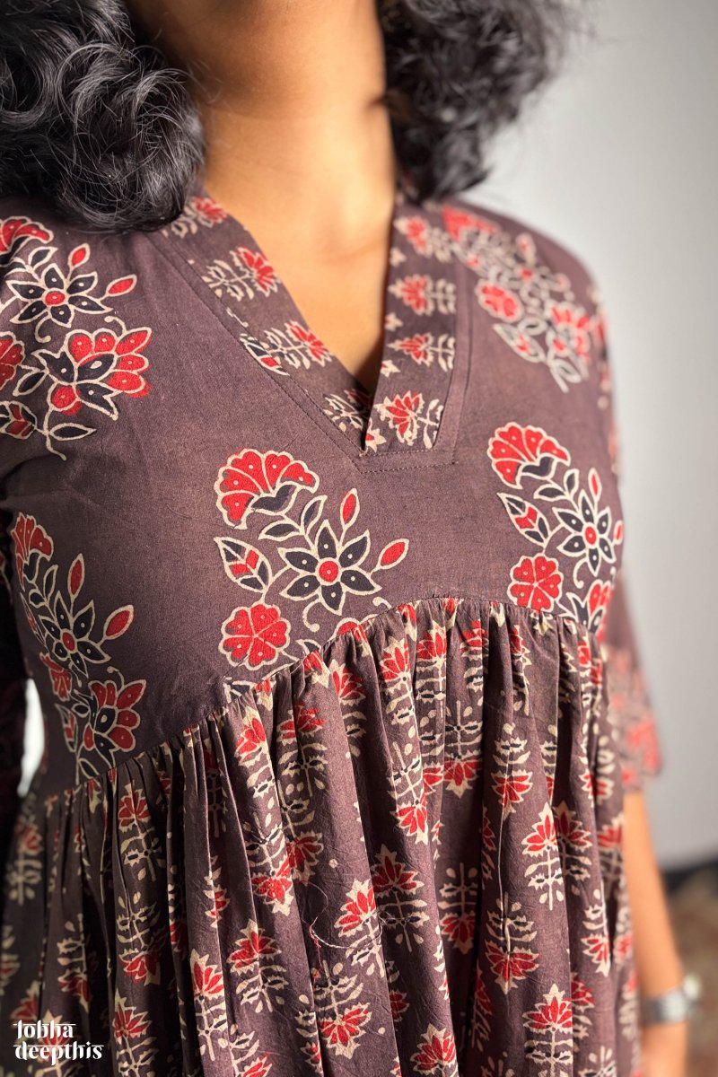 Ajrakh Blooms Chocolate Alia Cut Dress - Lobha Deepthis