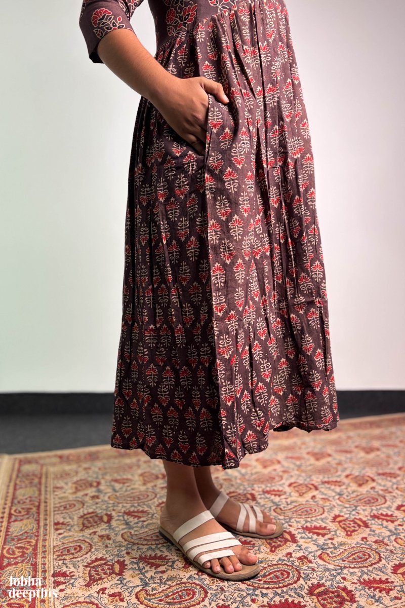 Ajrakh Blooms Chocolate Alia Cut Dress - Lobha Deepthis