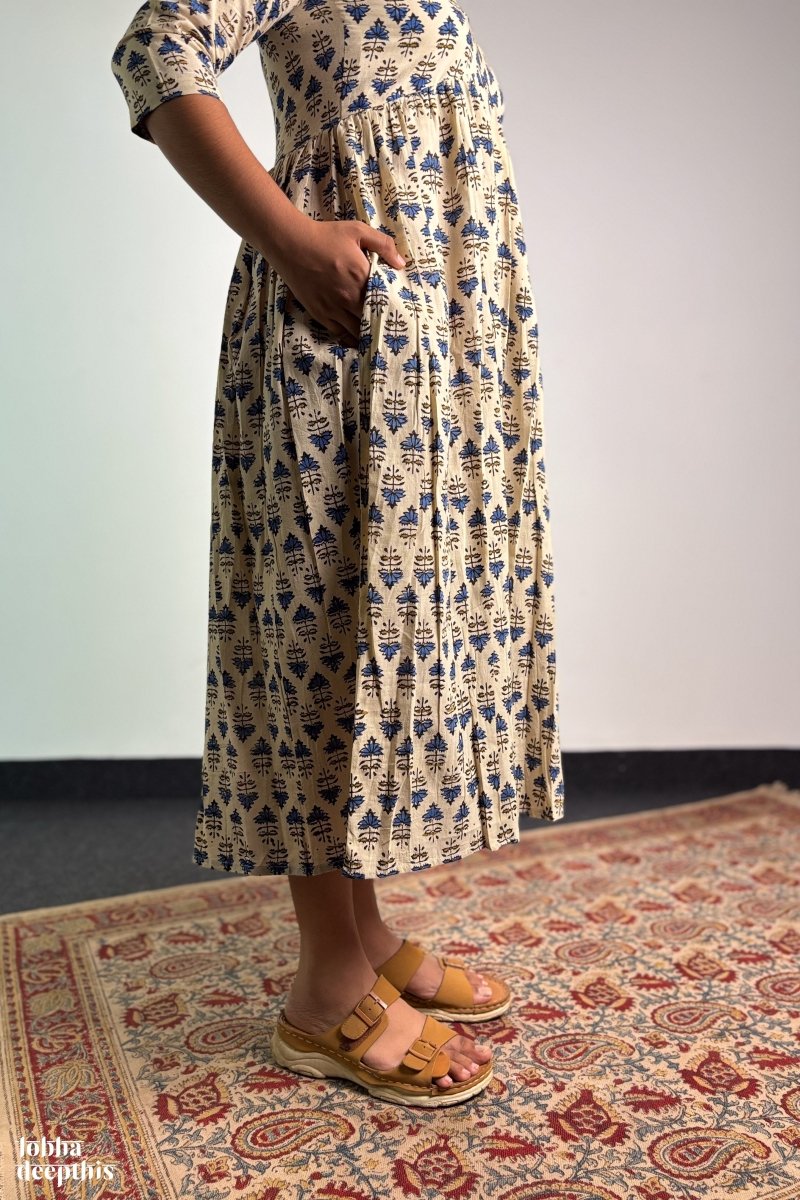 Ajrakh Blooms Cream Alia Cut Dress - Lobha Deepthis