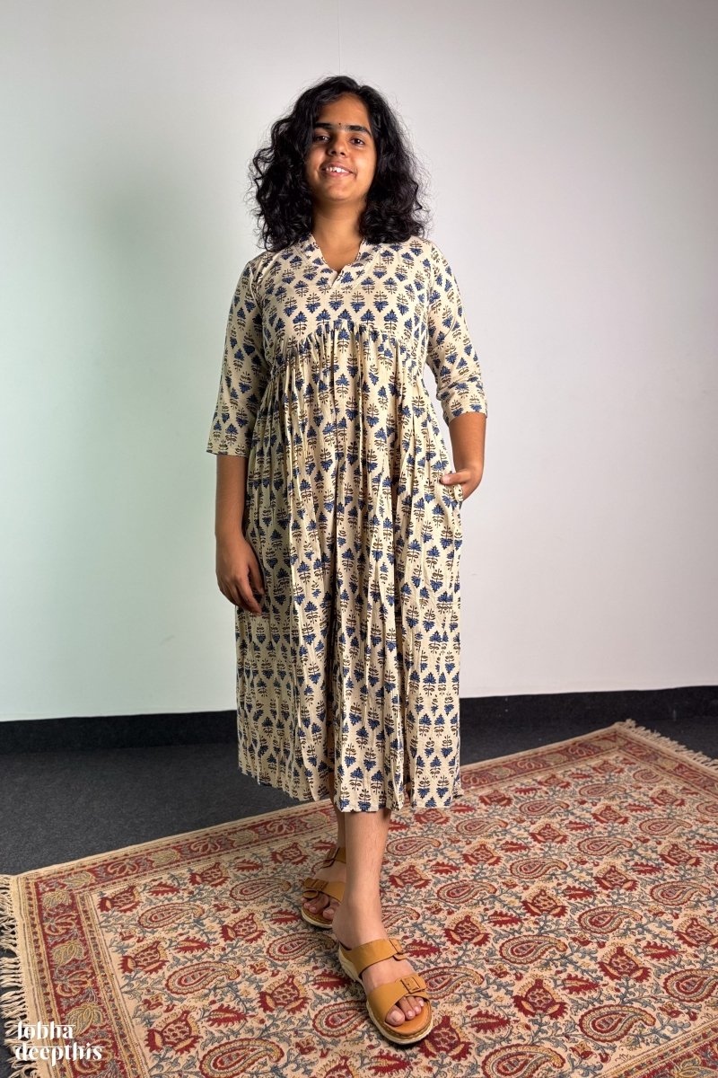 Ajrakh Blooms Cream Alia Cut Dress - Lobha Deepthis
