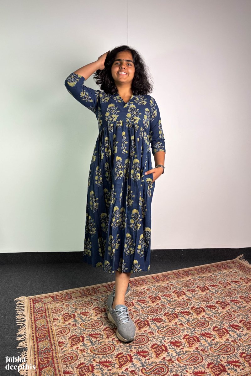 Ajrakh Blooms Indigo Alia Cut Dress - Lobha Deepthis