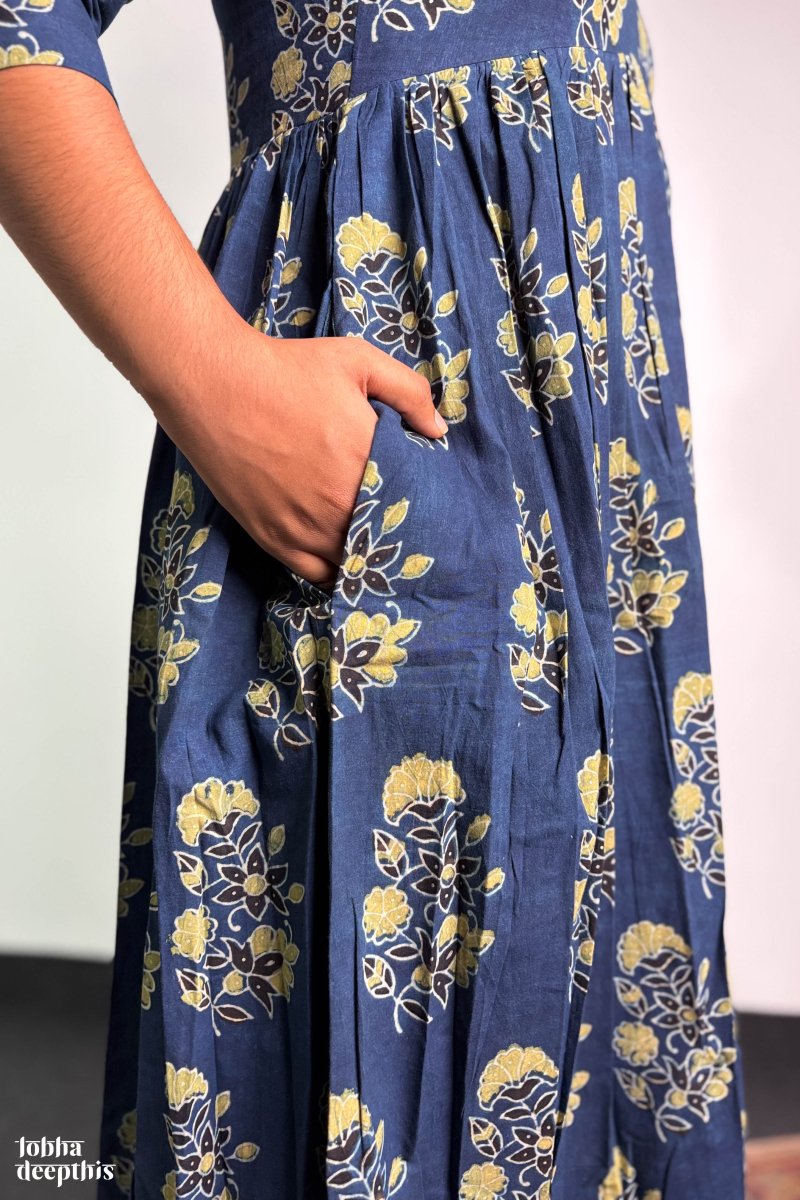 Ajrakh Blooms Indigo Alia Cut Dress - Lobha Deepthis