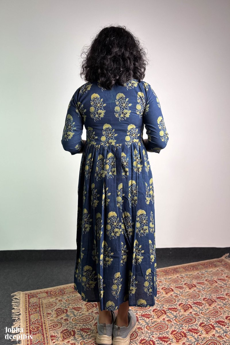 Ajrakh Blooms Indigo Alia Cut Dress - Lobha Deepthis
