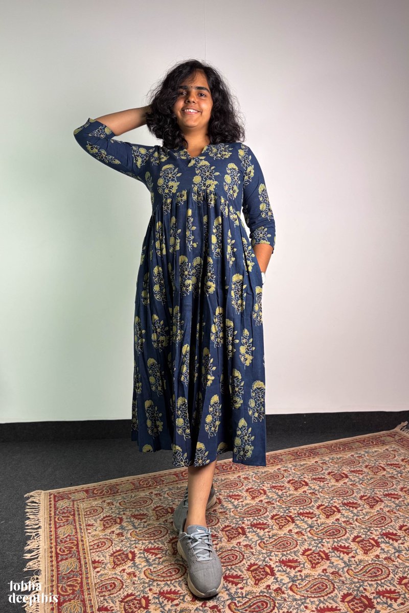 Ajrakh Blooms Indigo Alia Cut Dress - Lobha Deepthis