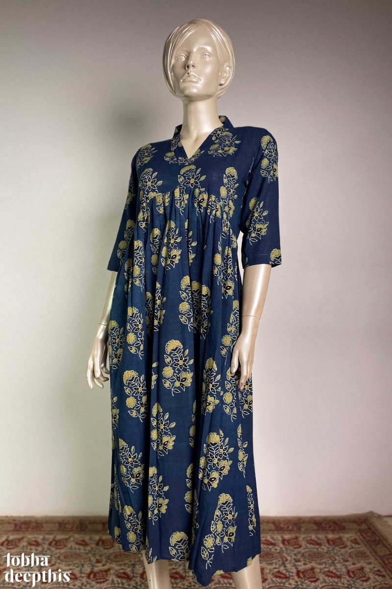 Ajrakh Blooms Indigo Alia Cut Dress - Lobha Deepthis