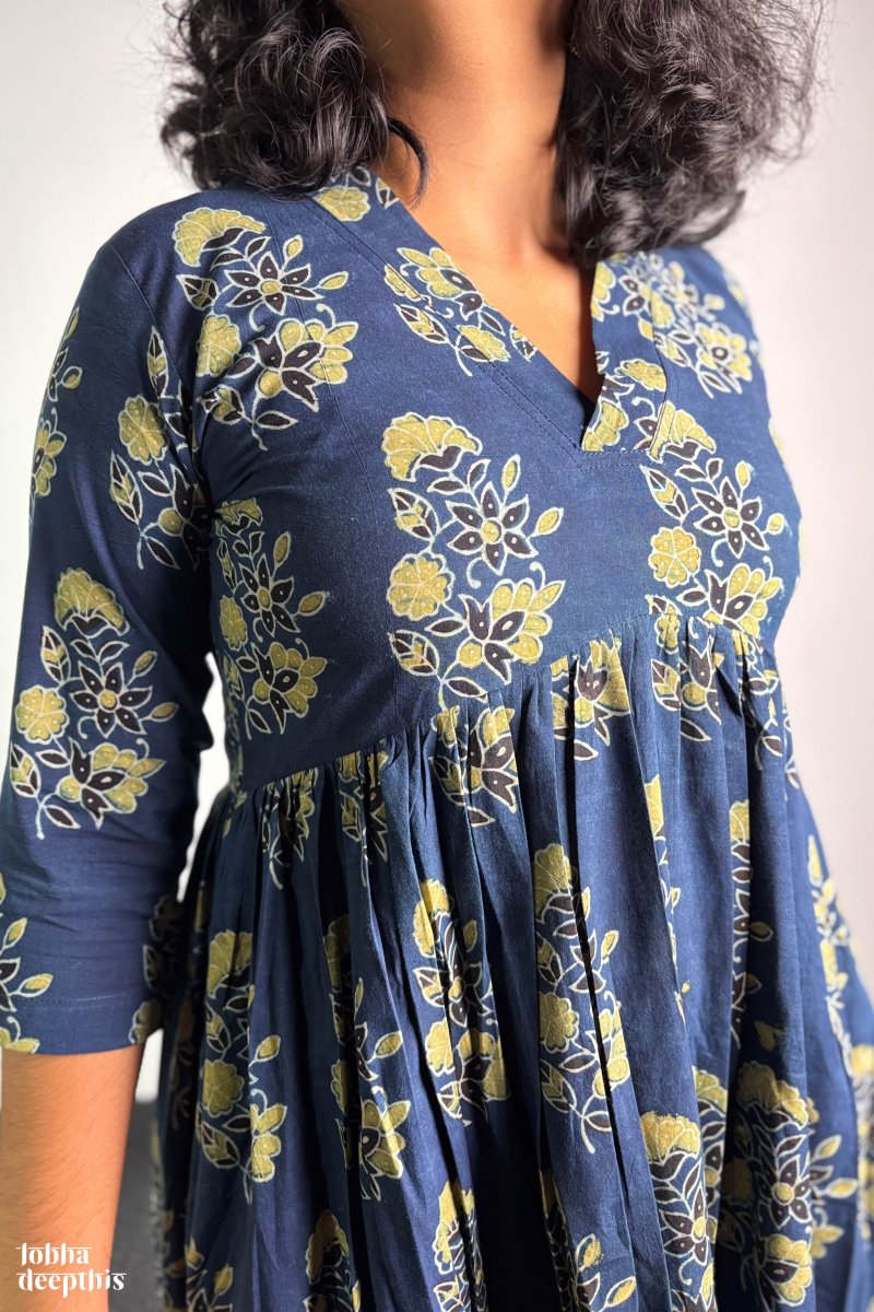 Ajrakh Blooms Indigo Alia Cut Dress - Lobha Deepthis