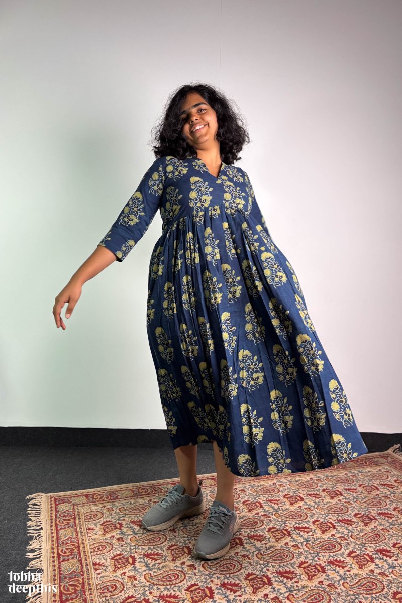 Ajrakh Blooms Indigo Alia Cut Dress - Lobha Deepthis