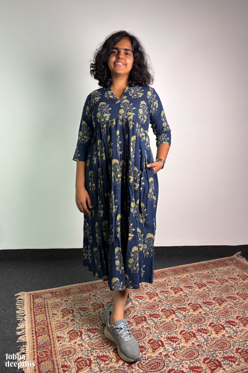 Ajrakh Blooms Indigo Alia Cut Dress - Lobha Deepthis