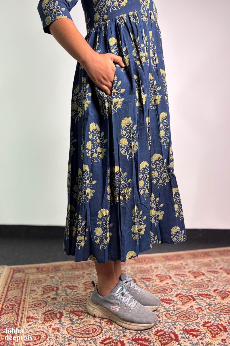 Ajrakh Blooms Indigo Alia Cut Dress - Lobha Deepthis