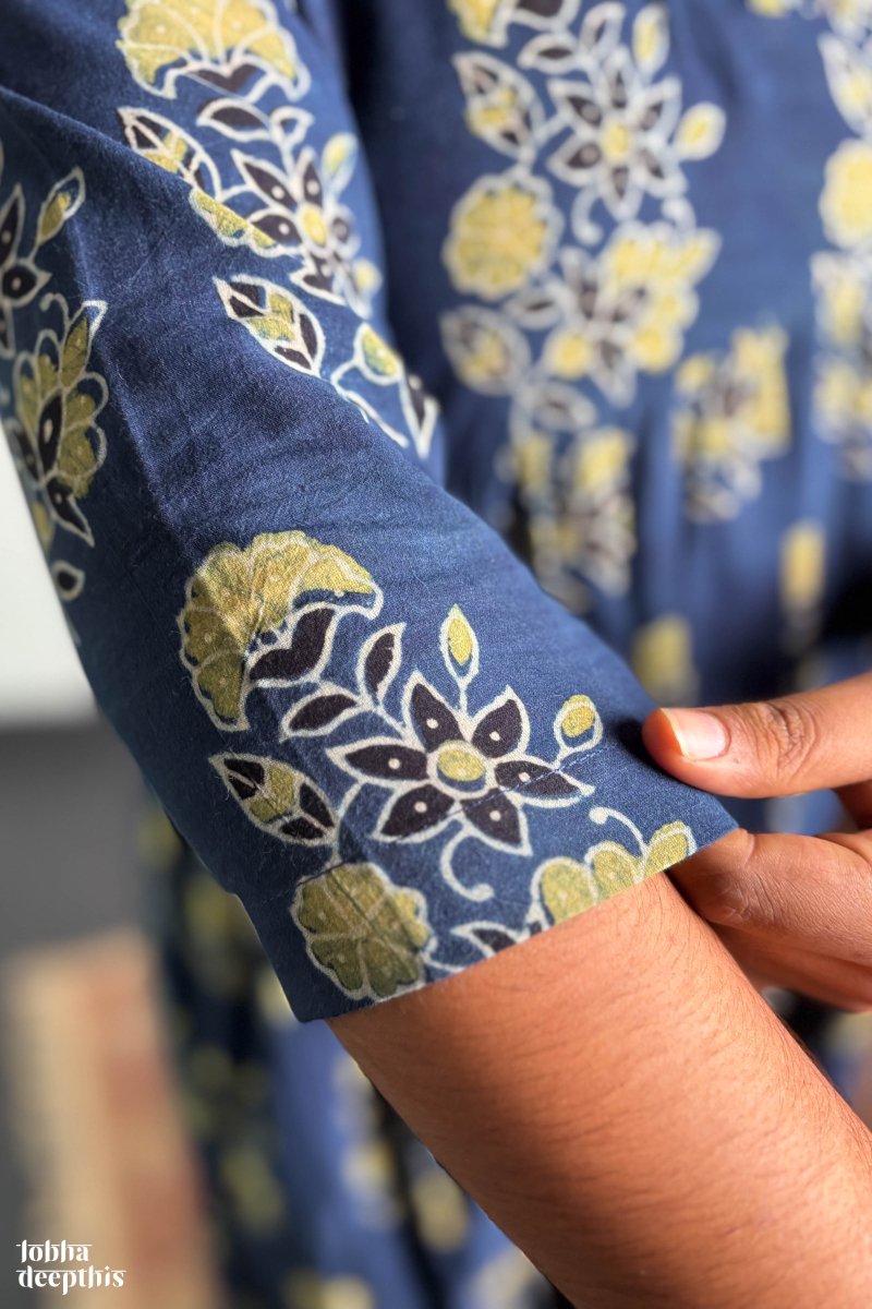 Ajrakh Blooms Indigo Alia Cut Dress - Lobha Deepthis