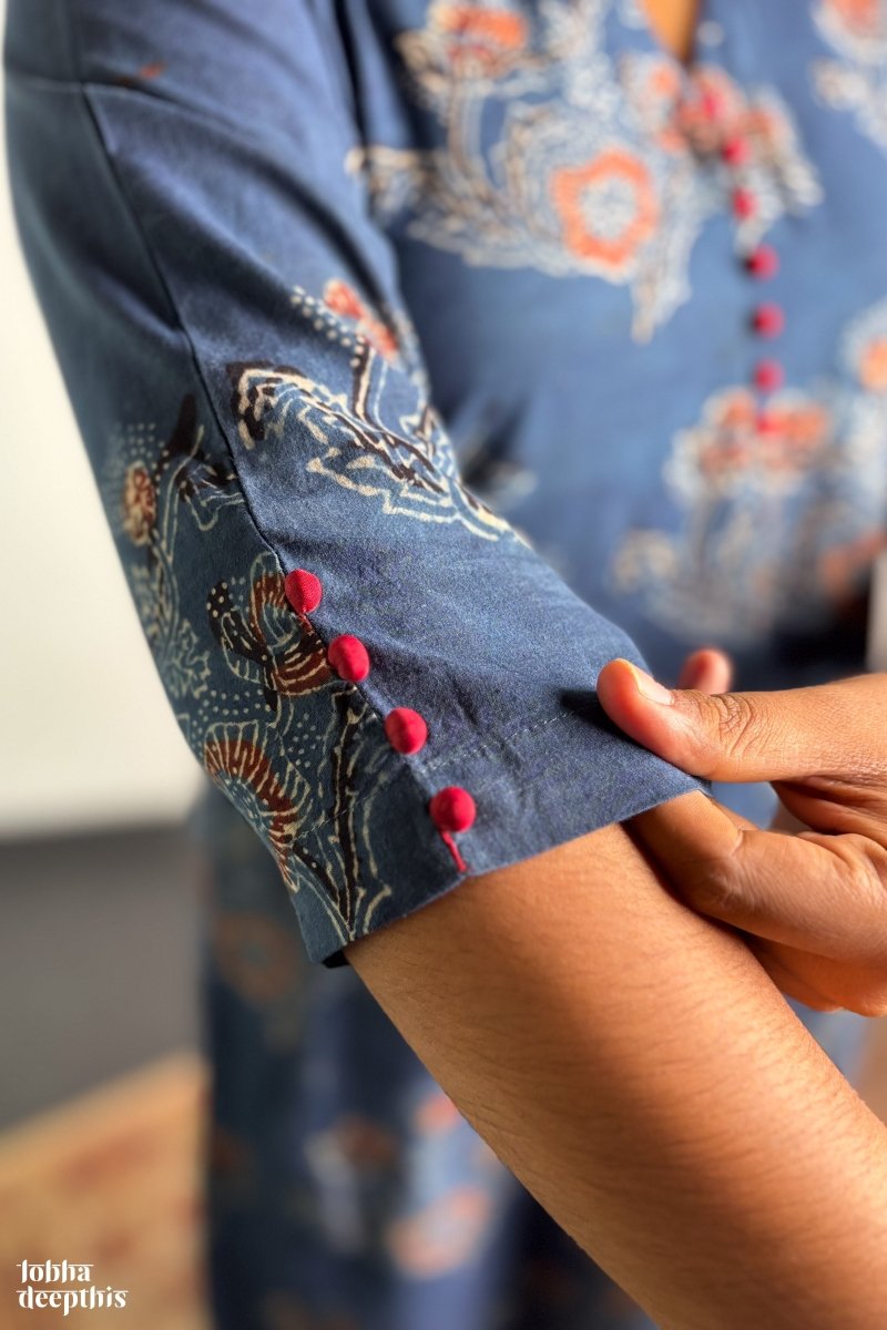 Ajrakh Blooms on Indigo Box Pleated Dress - Lobha Deepthis