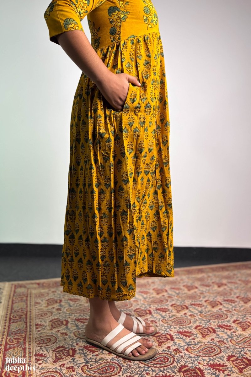 Ajrakh Blooms Turmeric Alia Cut Dress - Lobha Deepthis