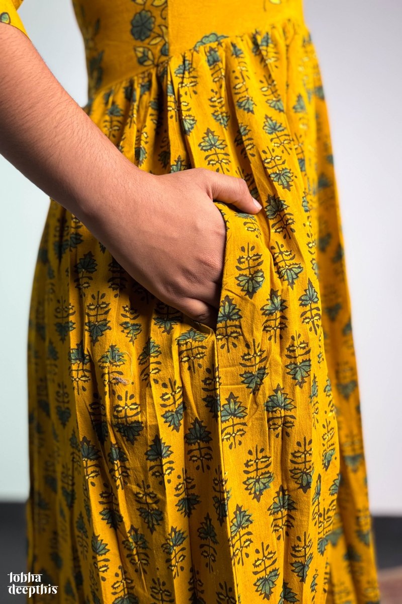 Ajrakh Blooms Turmeric Alia Cut Dress - Lobha Deepthis
