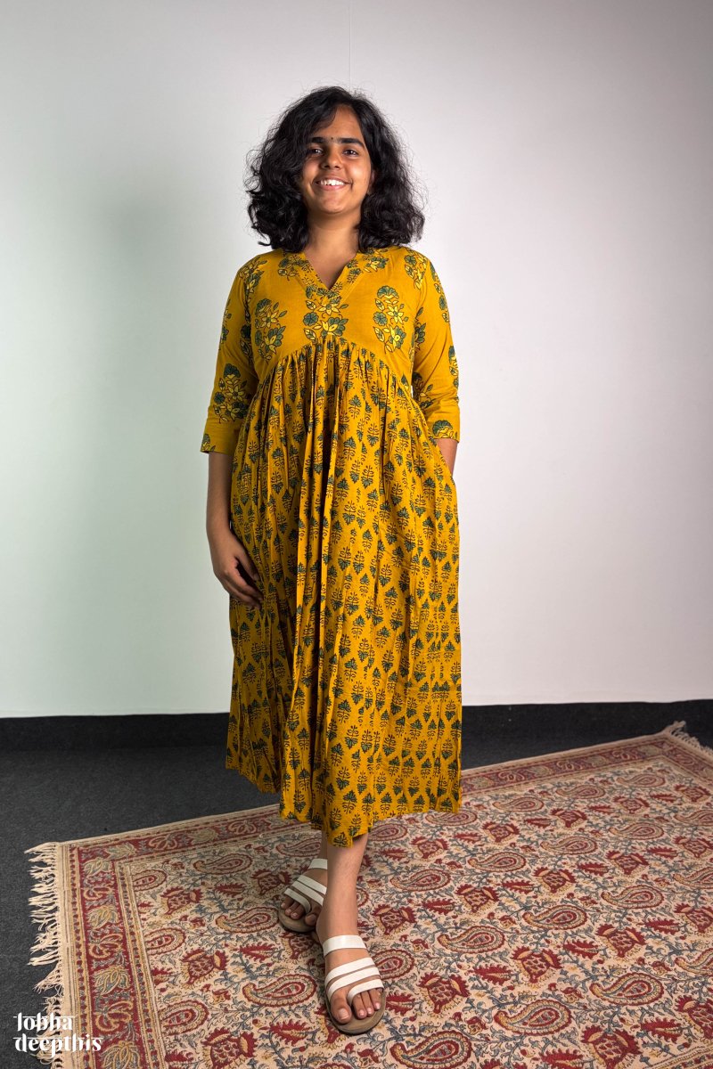Ajrakh Blooms Turmeric Alia Cut Dress - Lobha Deepthis