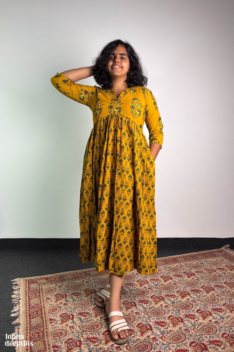 Ajrakh Blooms Turmeric Alia Cut Dress - Lobha Deepthis