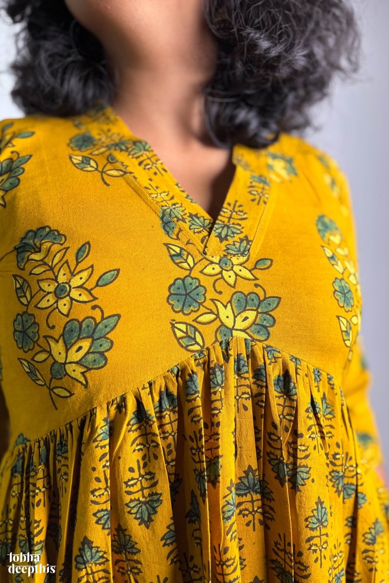 Ajrakh Blooms Turmeric Alia Cut Dress - Lobha Deepthis