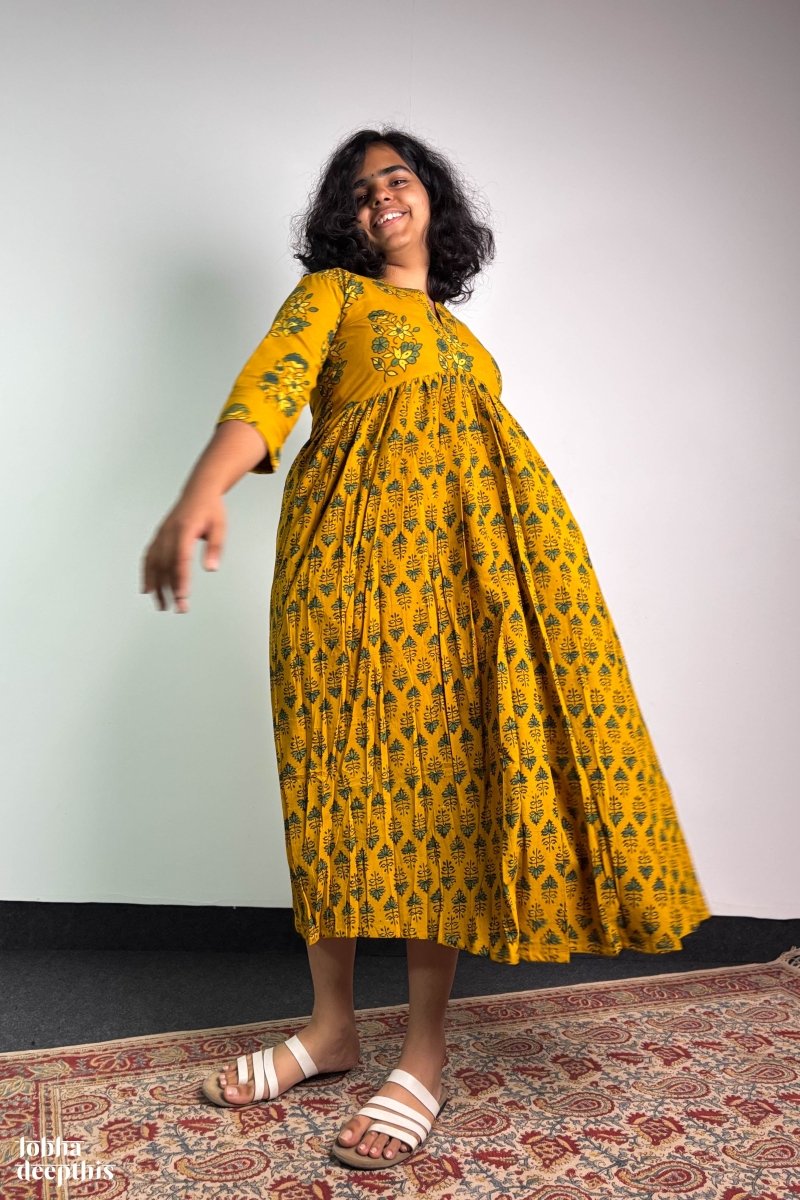 Ajrakh Blooms Turmeric Alia Cut Dress - Lobha Deepthis