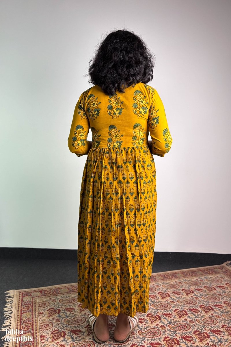 Ajrakh Blooms Turmeric Alia Cut Dress - Lobha Deepthis