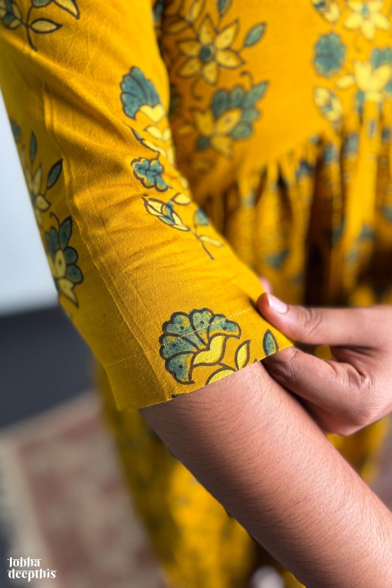 Ajrakh Blooms Turmeric Alia Cut Dress - Lobha Deepthis
