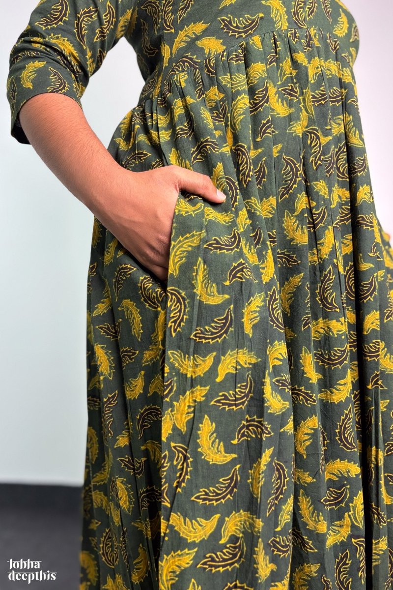 Ajrakh Neem Leaves Green Alia Cut Kurta - Lobha Deepthis