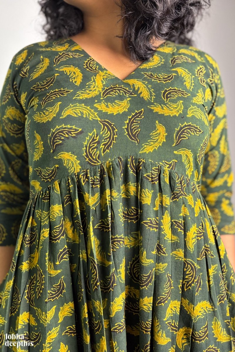 Ajrakh Neem Leaves Green Alia Cut Kurta - Lobha Deepthis