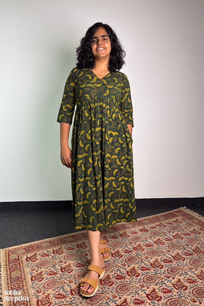 Ajrakh Neem Leaves Green Alia Cut Kurta - Lobha Deepthis