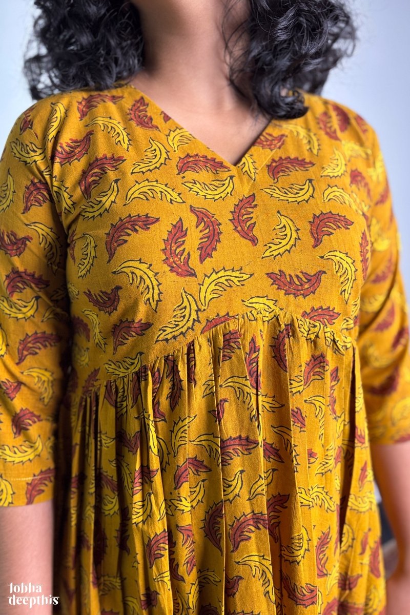 Ajrakh Neem Leaves Turmeric Alia Cut Kurta - Lobha Deepthis
