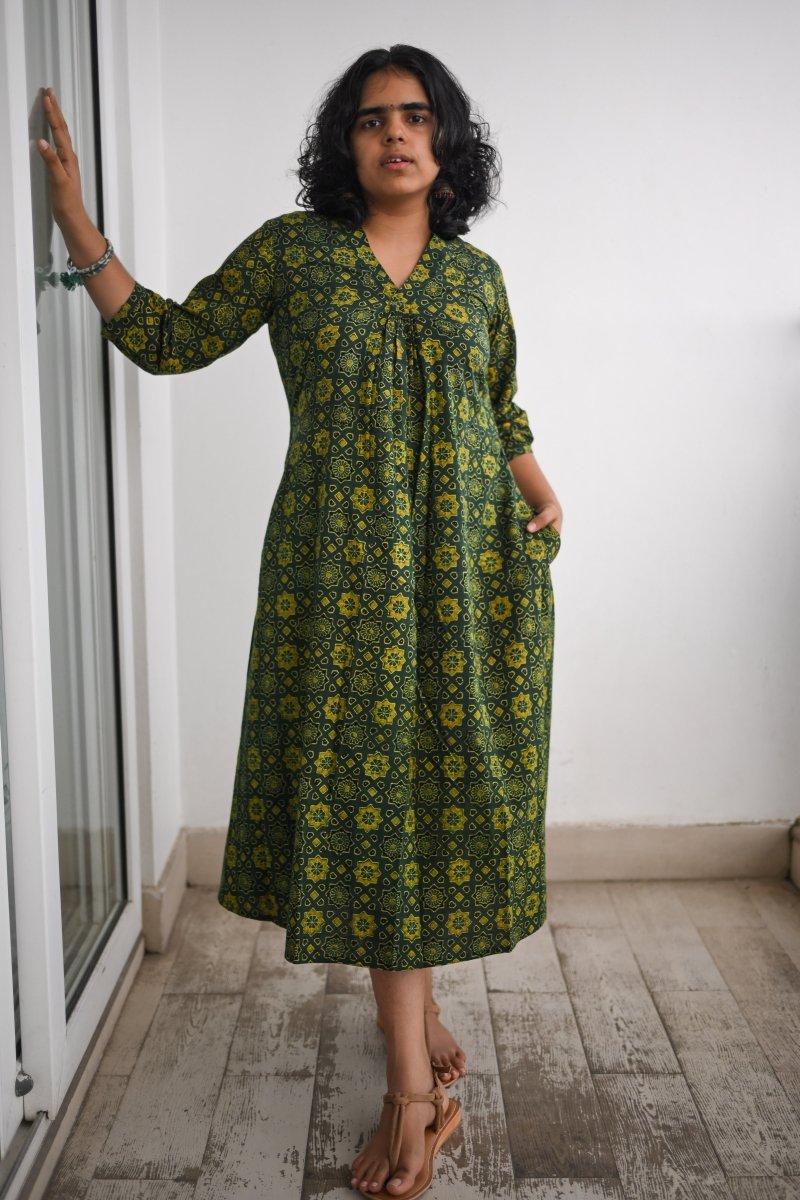 Ajrakh Stars on Green Dress - Lobha Deepthis