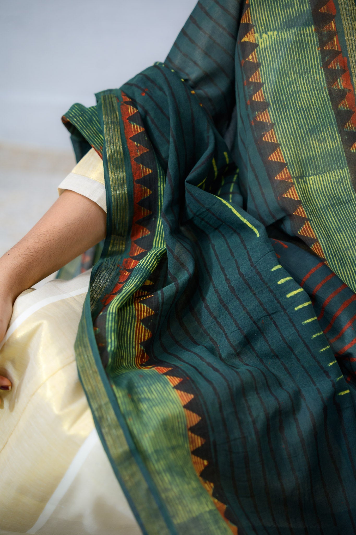 Ajrakh Temple Triangles Pure Cotton Dupatta - Lobha Deepthis