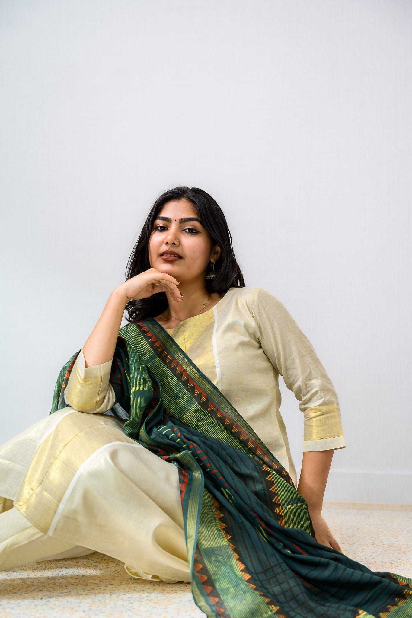 Ajrakh Temple Triangles Pure Cotton Dupatta - Lobha Deepthis