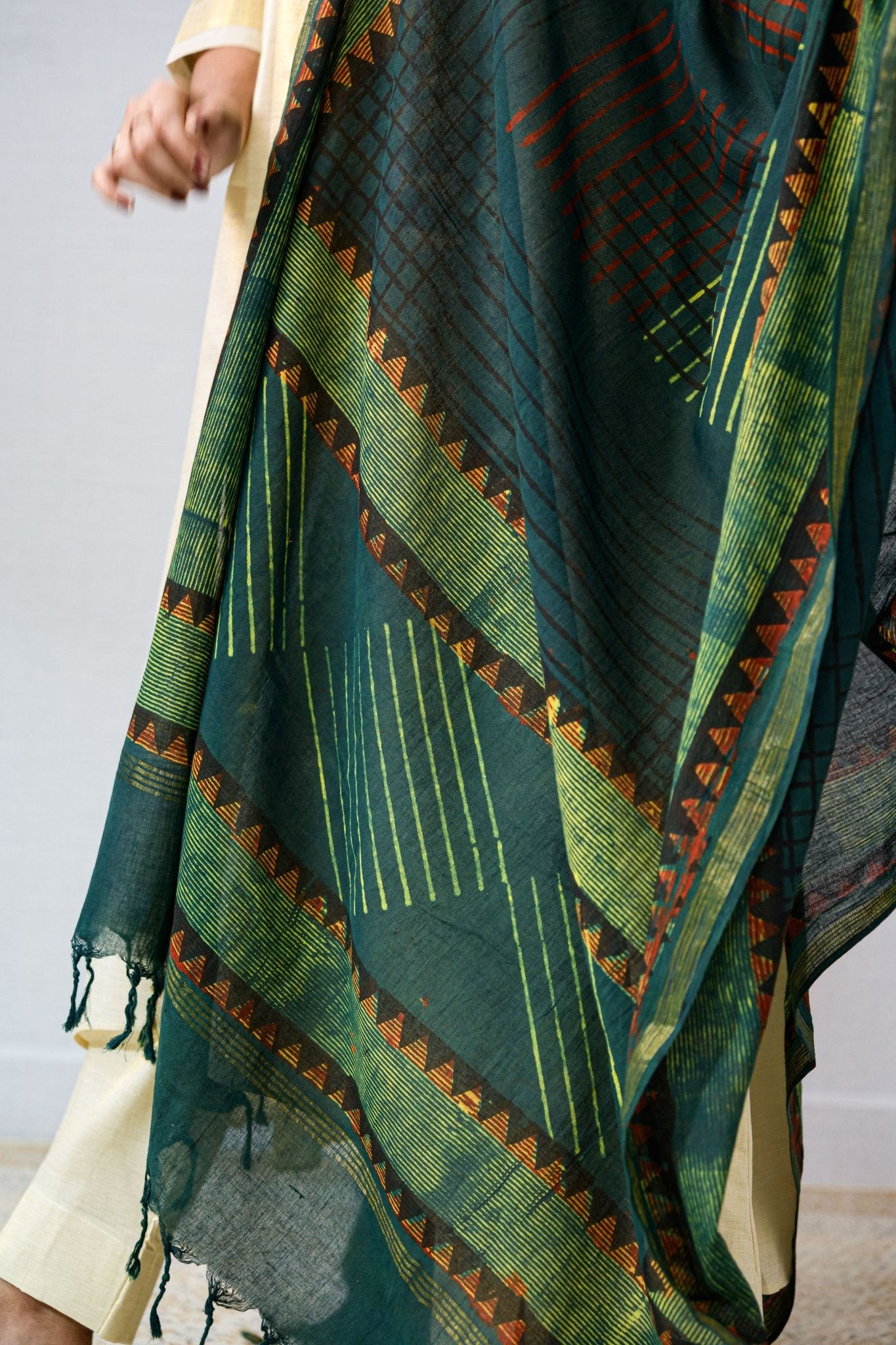 Ajrakh Temple Triangles Pure Cotton Dupatta - Lobha Deepthis