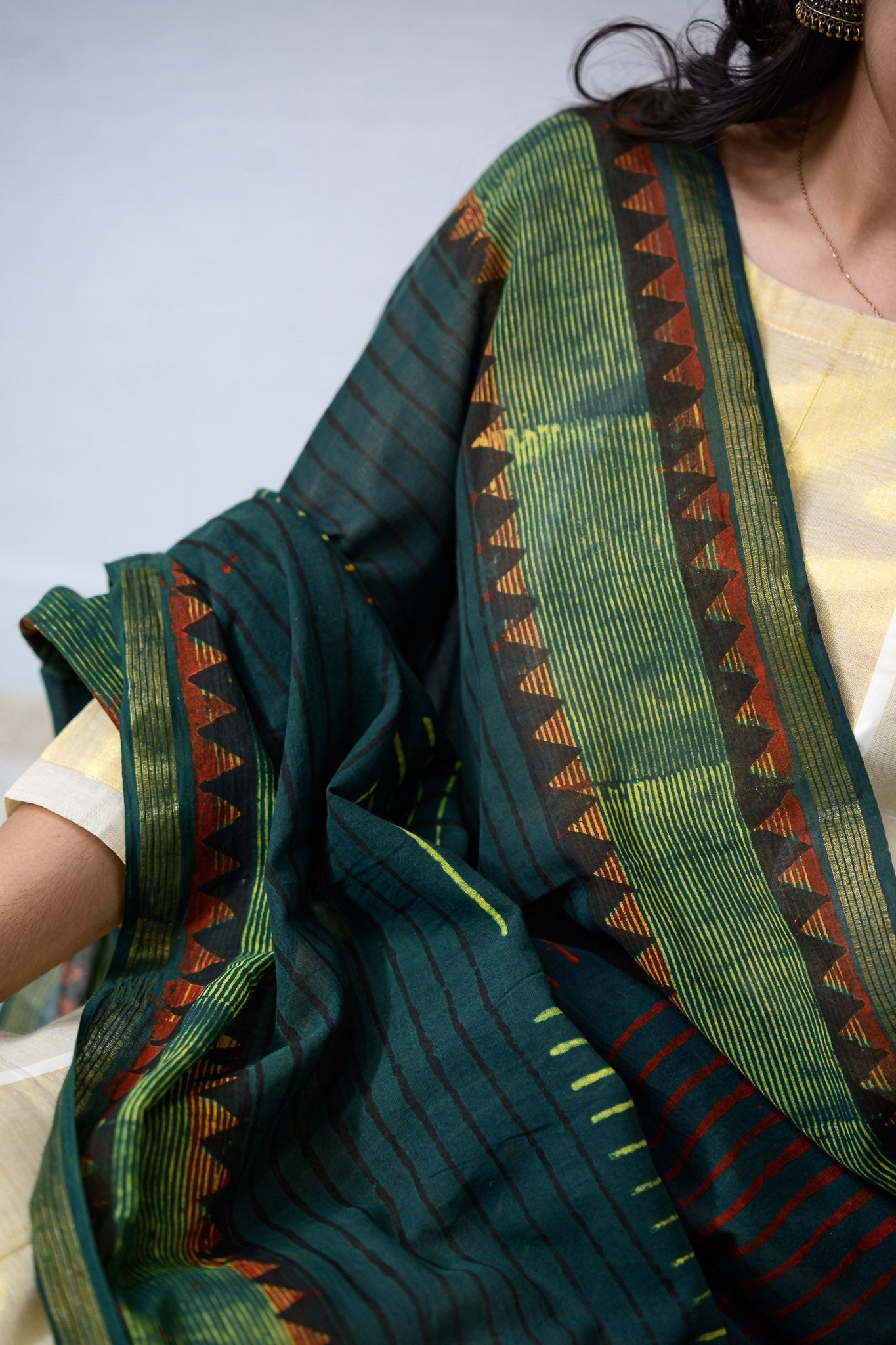 Ajrakh Temple Triangles Pure Cotton Dupatta - Lobha Deepthis