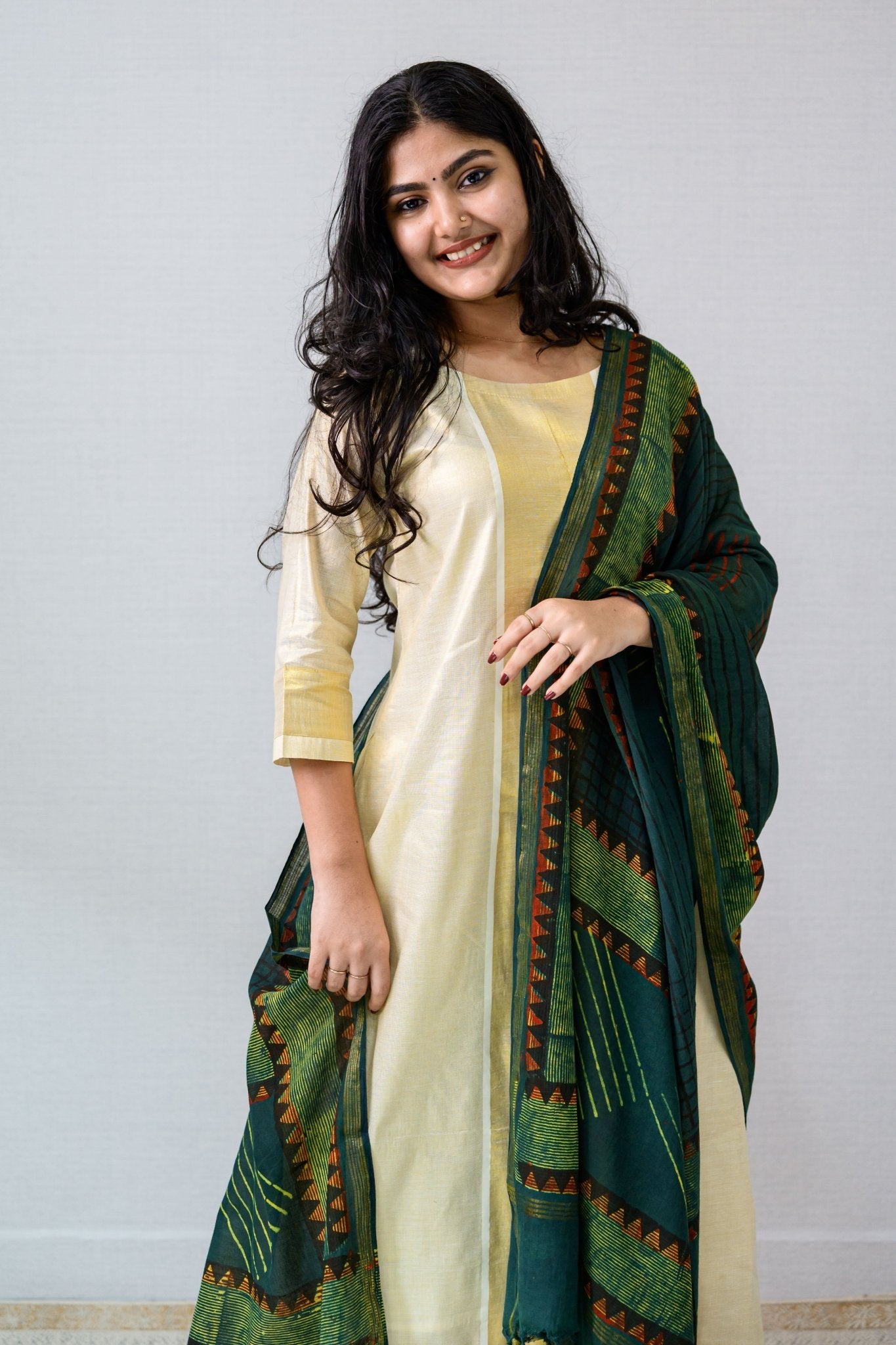 Ajrakh Temple Triangles Pure Cotton Dupatta - Lobha Deepthis