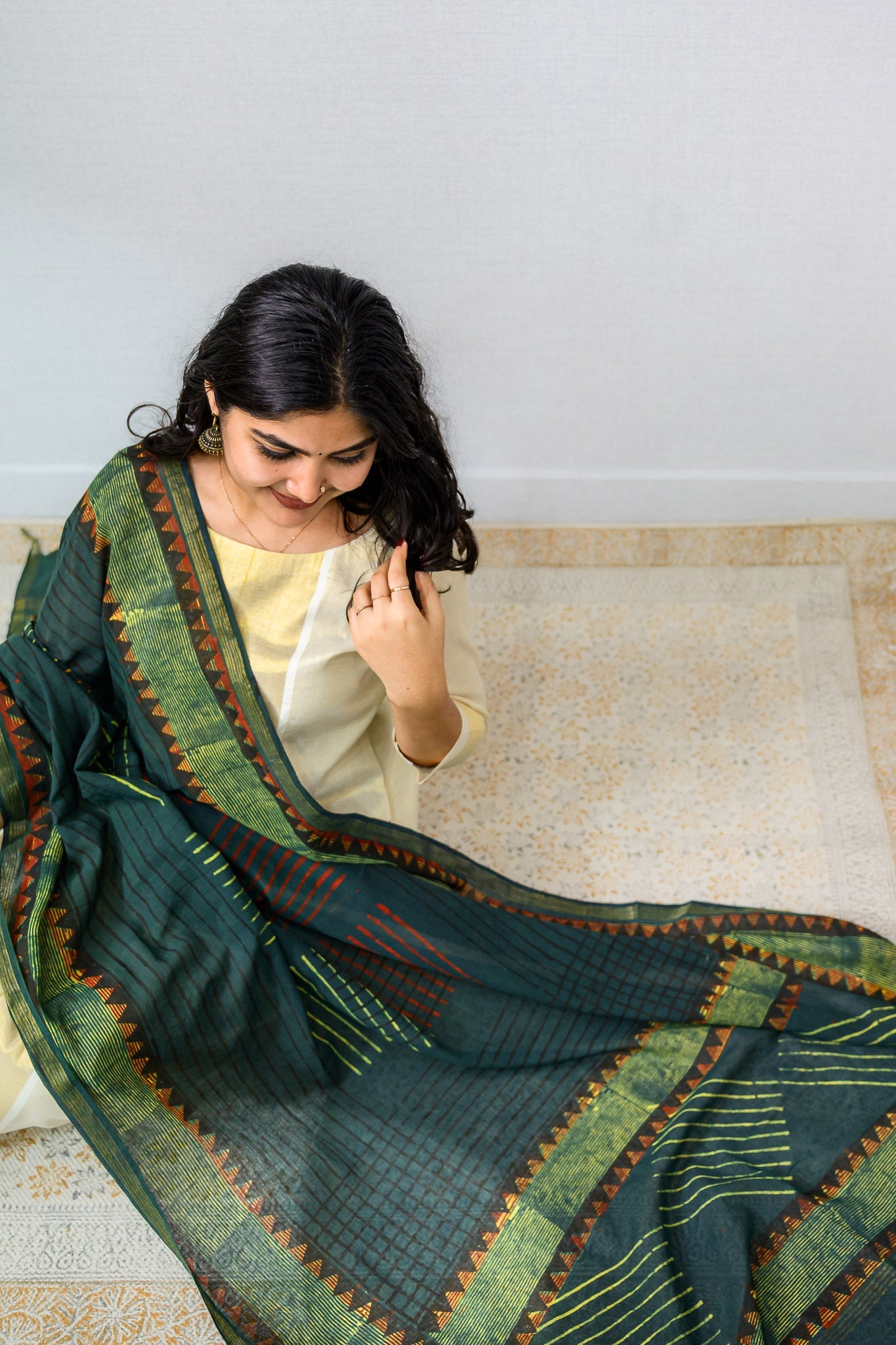Ajrakh Temple Triangles Pure Cotton Dupatta - Lobha Deepthis