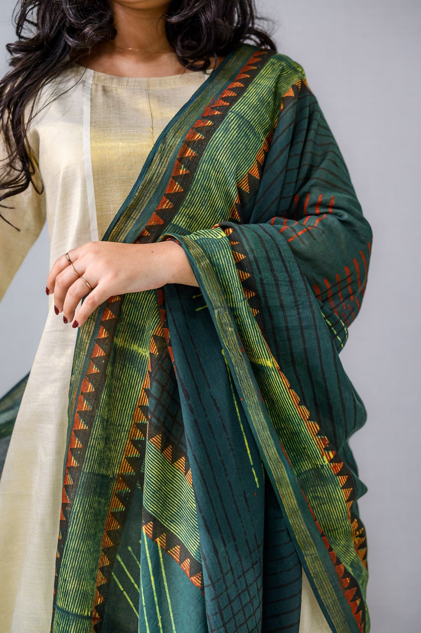 Ajrakh Temple Triangles Pure Cotton Dupatta - Lobha Deepthis