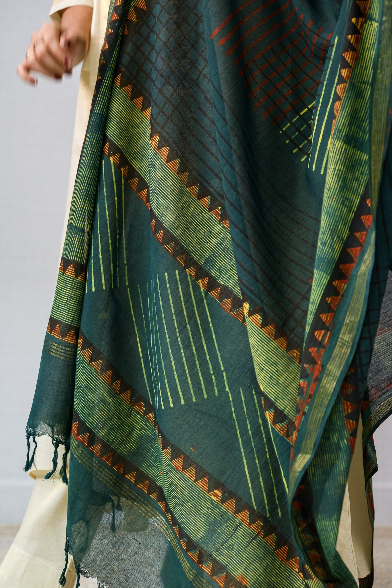 Ajrakh Temple Triangles Pure Cotton Dupatta - Lobha Deepthis