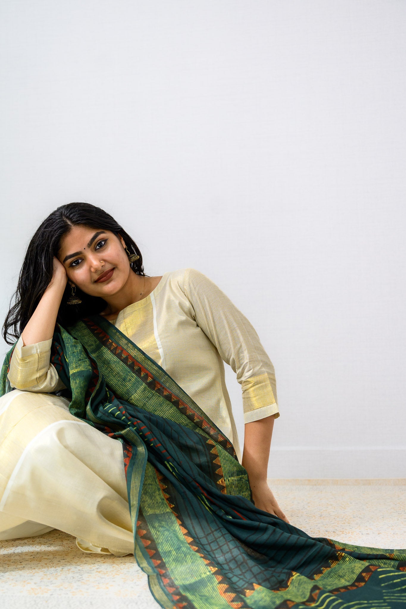 Ajrakh Temple Triangles Pure Cotton Dupatta - Lobha Deepthis